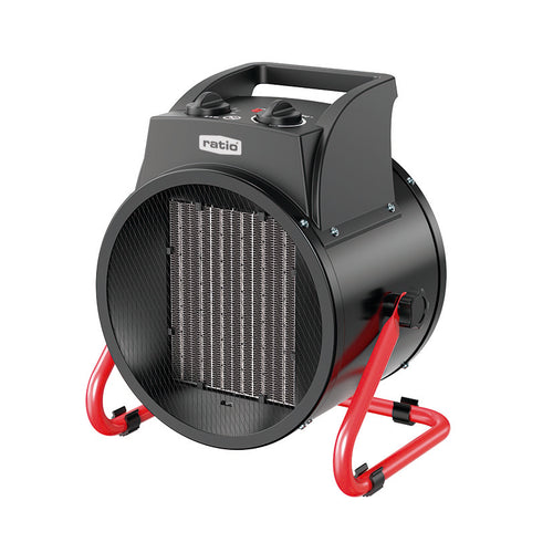 Calefactor industrial cerámico RATIO PRO negro con soporte tubular rojo y mandos de control superiores.