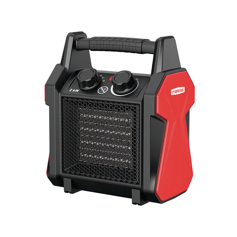 Calefactor portátil RATIO PRO E743 de 2kW con asa de transporte y mandos de control superiores.