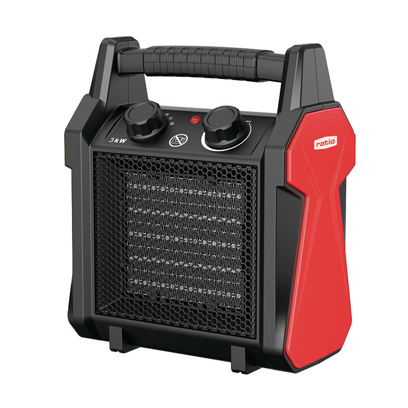 Calefactor cerámico industrial RATIO PRO E744 de 3kW con frontal de rejilla negra y laterales rojos.