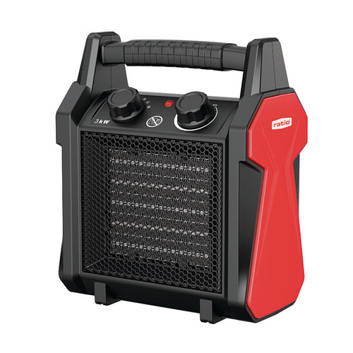 Calefactor cerámico industrial RATIO PRO E744 de 3kW con frontal de rejilla negra y laterales rojos.