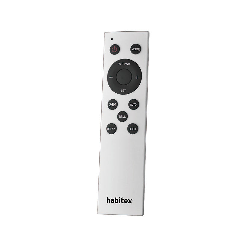 Mando a distancia para calefactor Habitex blanco con botones de programación y temperatura