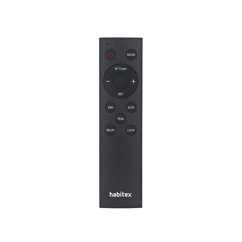Control remoto negro para calefactor split Habitex con funciones de temporizador y bloqueo