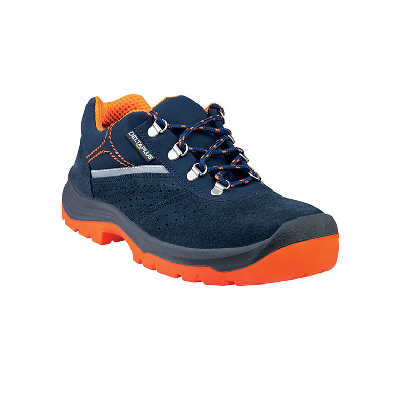 Zapato de seguridad Delta Plus Rimini S1P SR azul y naranja con suela de poliuretano y cierre de cordones