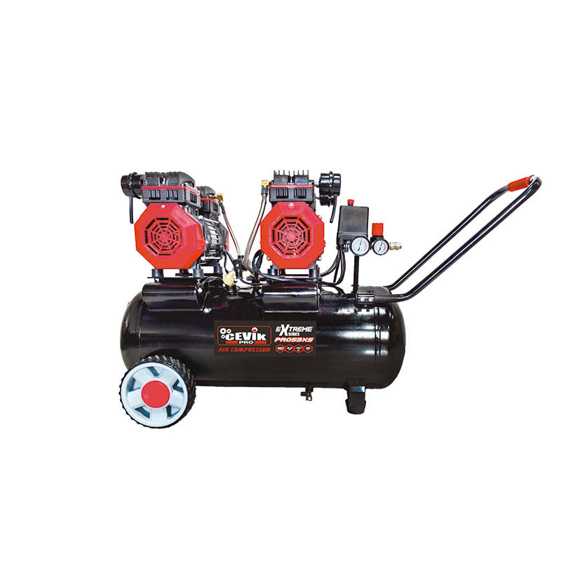 Compresor silencioso CEVIK CA-PRO53XS de 50 litros con doble motor rojo y ruedas para transporte profesional