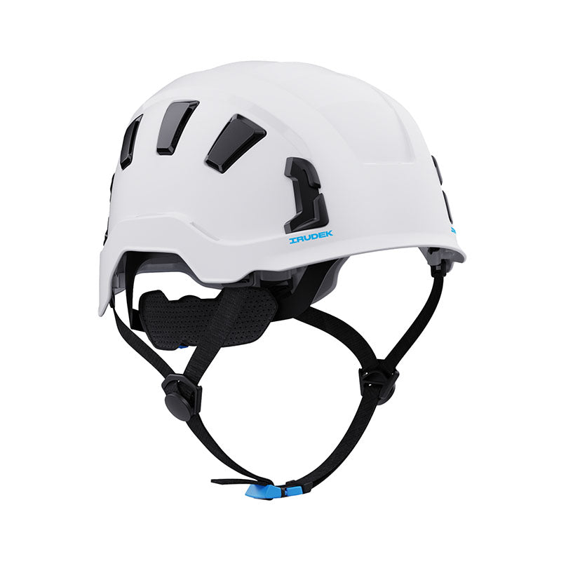 Casco de seguridad ventilado Irudek Oreka II Vent color blanco con barboquejo y sistema de ajuste posterior