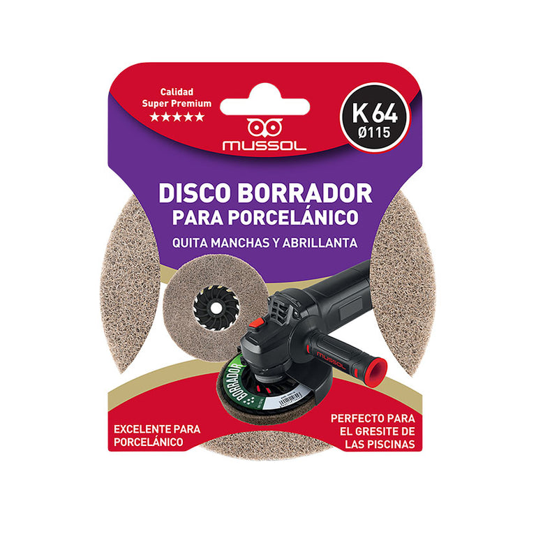 Embalaje del disco borrador MUSSOL K64 indicando uso para porcelánico y gresite de piscinas