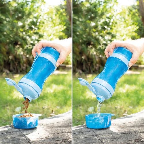 Uso de la botella portátil vertiendo pienso y agua en el tapón multifunción que sirve de cuenco.