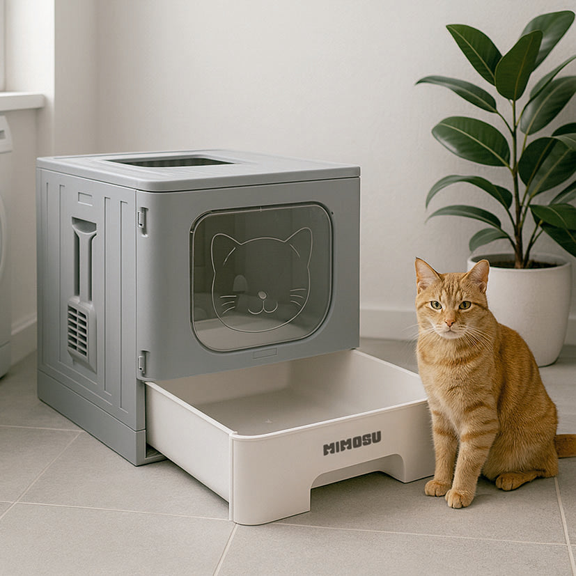 Arenero cerrado para gatos color gris con puerta transparente y gato naranja al lado