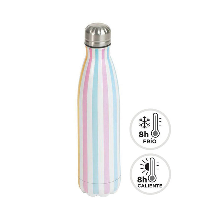 Botella térmica de acero inoxidable de 500ml con diseño de rayas de colores y tapón plateado