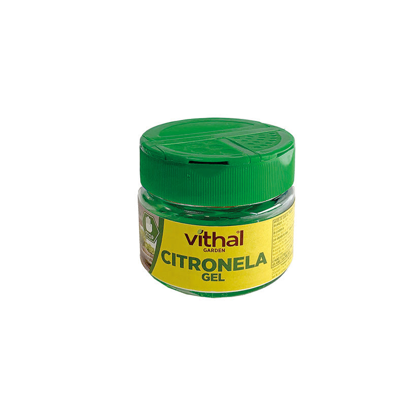 Bote de gel repelente de citronela Vithal Garden de 25 gramos con tapa verde regulable