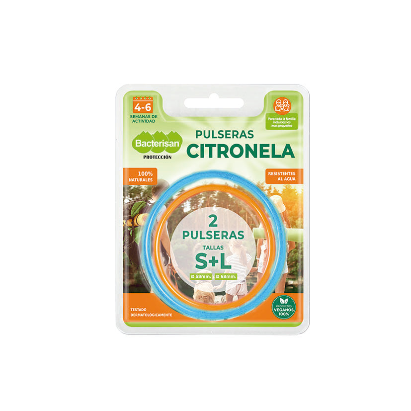 Blíster de 2 pulseras de citronela Bacterisan tallas S y L color naranja y azul