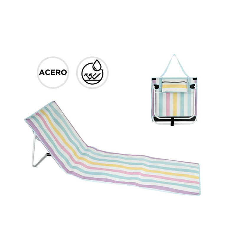 Esterilla de playa plegable con respaldo de acero y diseño de rayas multicolores con bolsa de transporte