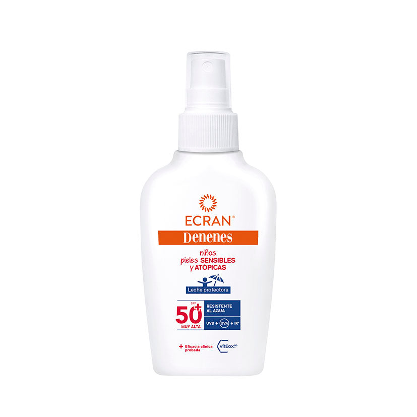 Bote de spray protector solar Ecran Denenes SPF 50+ para niños con piel sensible y atópica 100ml