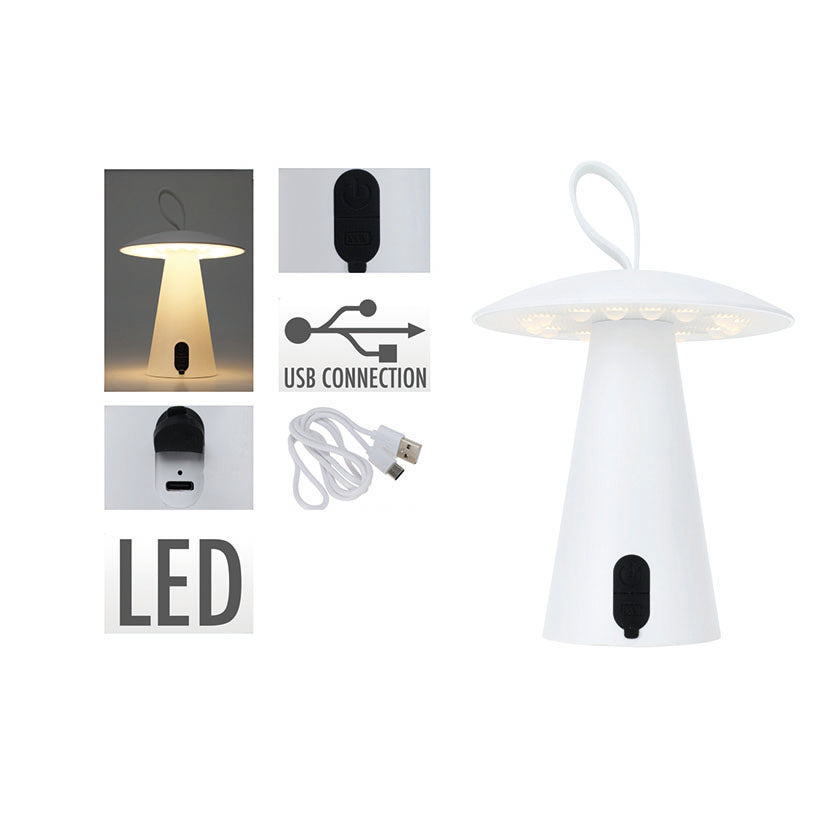 Lámpara de sobremesa LED blanca forma de hongo recargable por USB con regulador de intensidad y cable incluido