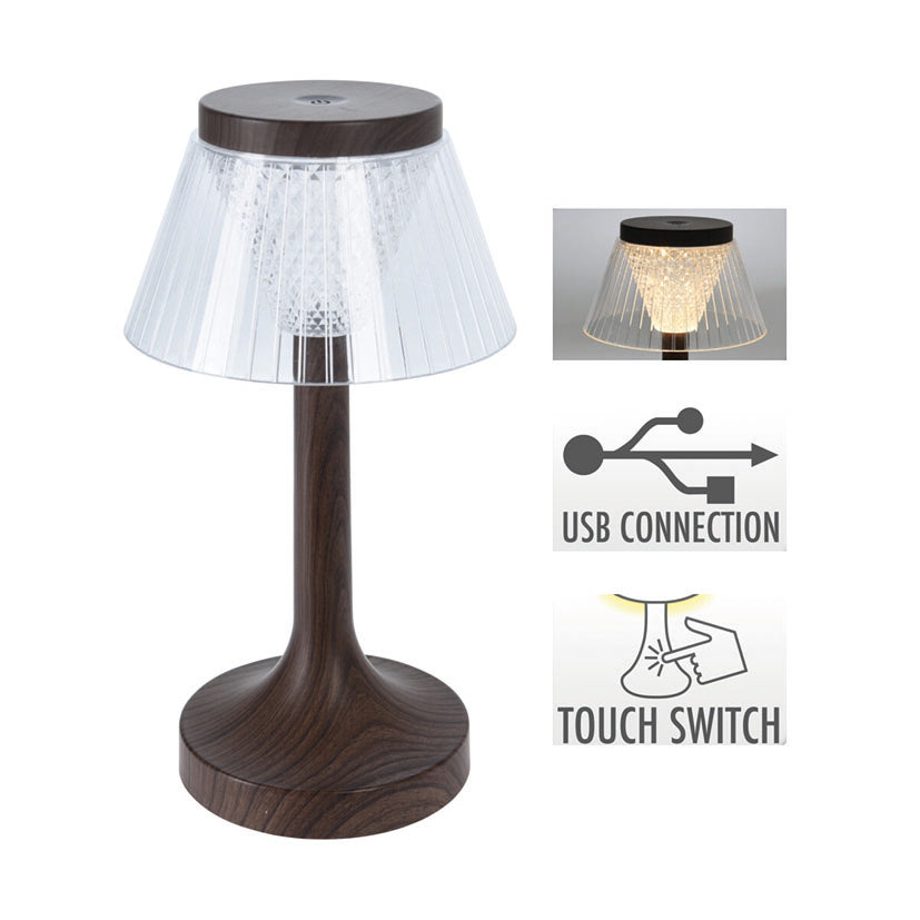 Lámpara de sobremesa LED con base efecto madera, pantalla transparente facetada y control táctil recargable por USB