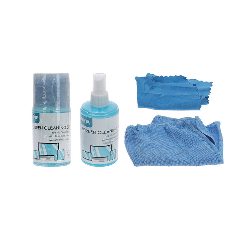 Kit de limpieza de pantallas Trybe con spray de 200ml y dos paños de microfibra azules.