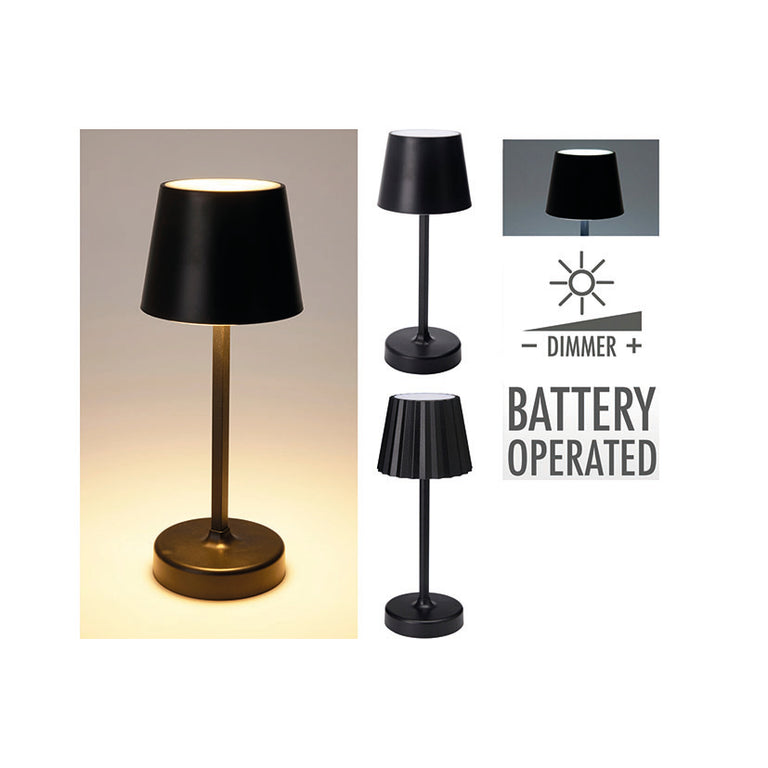 Lámpara de sobremesa LED negra a pilas con diseño moderno y luz regulable.