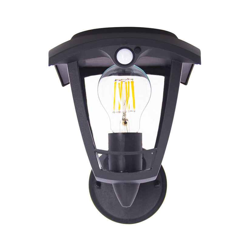 Aplique solar retro Xanlite ASN400 negro con bombilla de filamento LED vista y sensor de movimiento frontal.