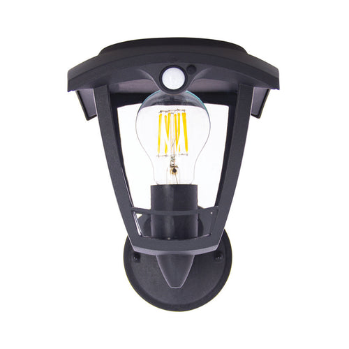 Aplique solar retro Xanlite ASN400 negro con bombilla de filamento LED vista y sensor de movimiento frontal.