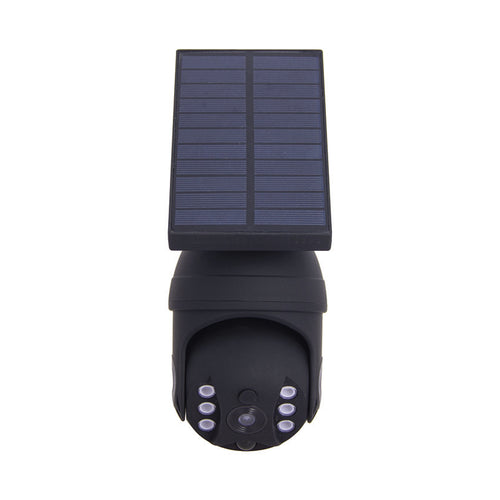 Cámara ficticia solar LED Xanlite negra con panel solar superior y lente central de imitación.