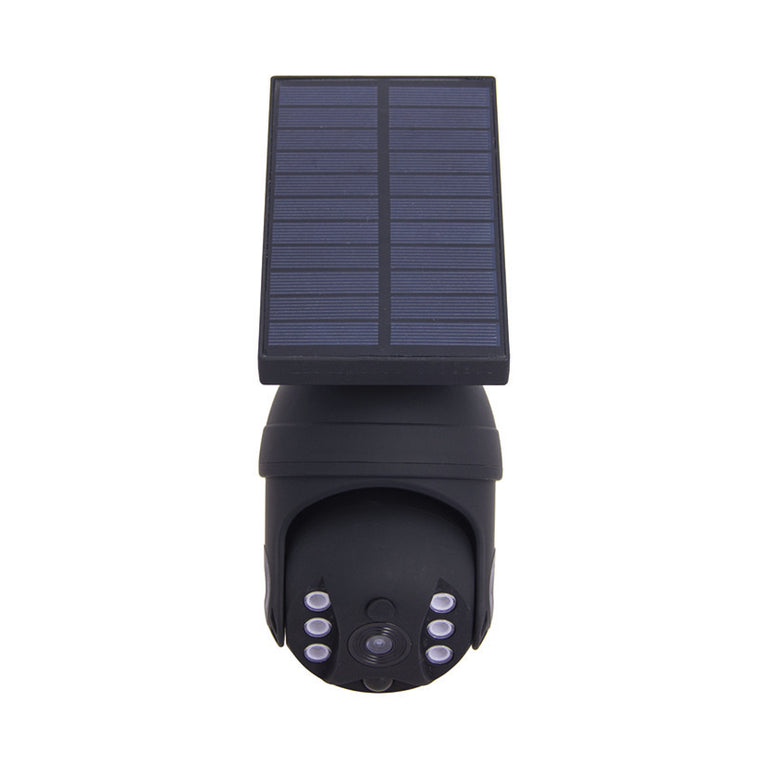 Cámara ficticia solar LED Xanlite negra con panel solar superior y lente central de imitación.