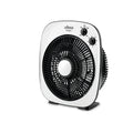 Ventilador de suelo Ufesa Oregon blanco y negro con rejilla giratoria y mandos de control superiores.