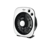 Ventilador de suelo Ufesa Oregon blanco y negro con rejilla giratoria y mandos de control superiores.