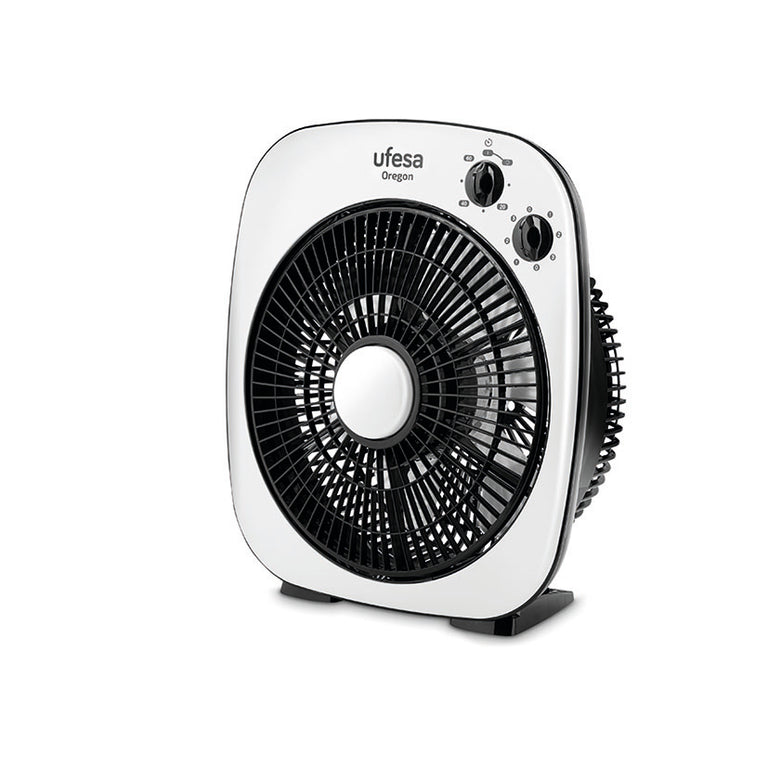 Ventilador de suelo Ufesa Oregon blanco y negro con rejilla giratoria y mandos de control superiores.