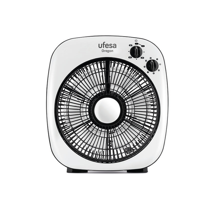 Vista frontal del ventilador Ufesa Oregon de 25 cm mostrando el selector de velocidades y el temporizador.