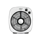 Vista frontal del ventilador Ufesa Oregon de 25 cm mostrando el selector de velocidades y el temporizador.