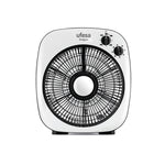 Vista frontal del ventilador Ufesa Oregon de 25 cm mostrando el selector de velocidades y el temporizador.