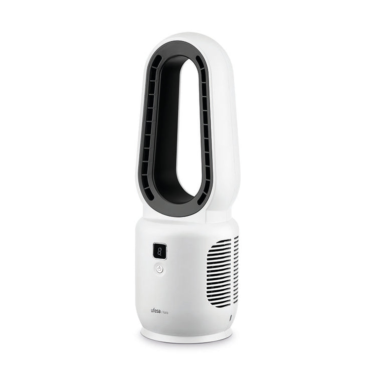 Ventilador sin aspas Ufesa Nara blanco de sobremesa con pantalla digital y rejillas laterales