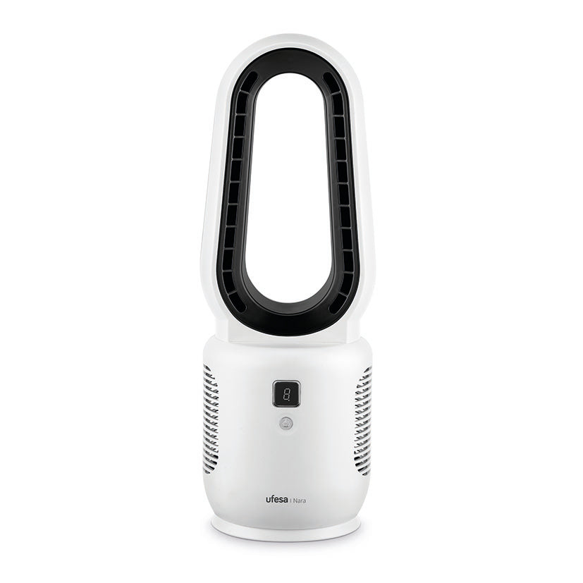 Vista frontal del ventilador Ufesa Nara sin aspas diseño moderno y compacto para escritorio