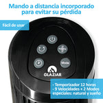 Panel de control superior del ventilador HJM con botones de temporizador, modos y 9 velocidades