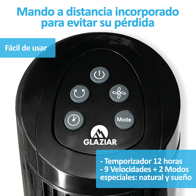 Panel de control superior del ventilador HJM con botones de temporizador, modos y 9 velocidades