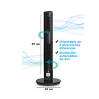 Dimensiones del ventilador de torre Glaziar 97x33 cm con indicación de oscilación automática de 45 grados