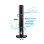 Dimensiones del ventilador de torre Glaziar 97x33 cm con indicación de oscilación automática de 45 grados