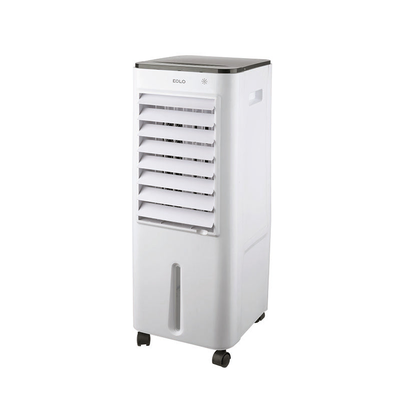 Climatizador evaporativo Fácula Eolo blanco con rejillas abiertas y visor de nivel de agua