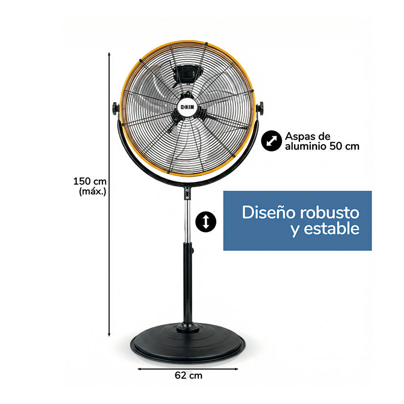 Infografía con dimensiones del ventilador HJM FES222: altura máxima 150cm, base 62cm y aspas de 50cm.