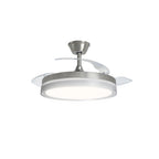 Ventilador de techo HJM VT154 con aspas retráctiles transparentes y luz LED circular blanca.