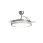 Ventilador de techo HJM VT154 con aspas retráctiles transparentes y luz LED circular blanca.