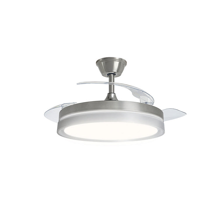 Ventilador de techo HJM VT154 con aspas retráctiles transparentes y luz LED circular blanca.