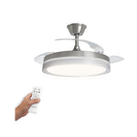 Ventilador de techo HJM VT154 con aspas desplegadas y mando a distancia sobre fondo blanco.