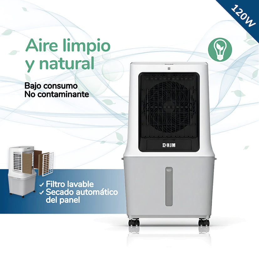 Detalle del filtro lavable y sistema de aire limpio del climatizador HJM de 120W