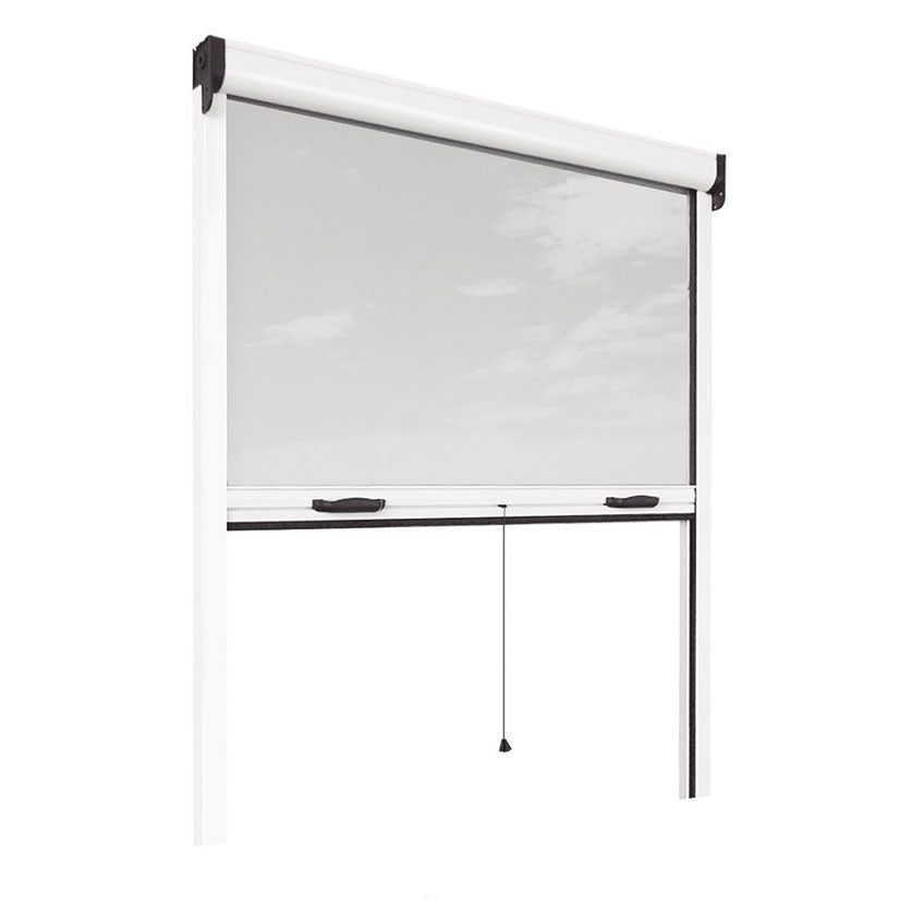 Mosquitera enrollable blanca para ventana con marco de aluminio y malla de fibra de vidrio gris