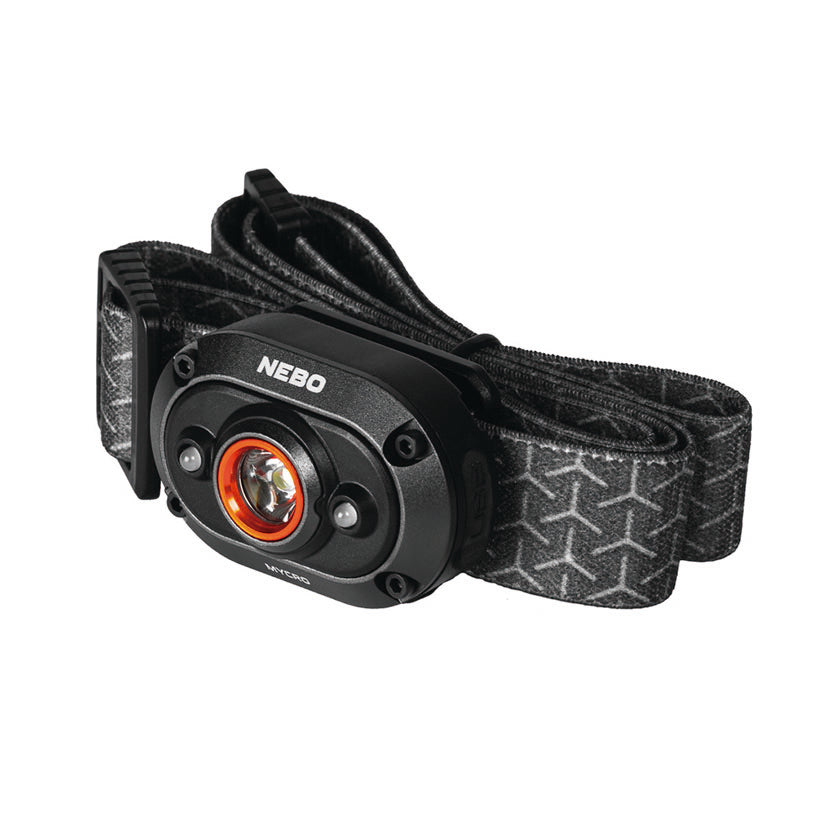 Linterna frontal NEBO Mycro negra con correa ajustable y lente central naranja