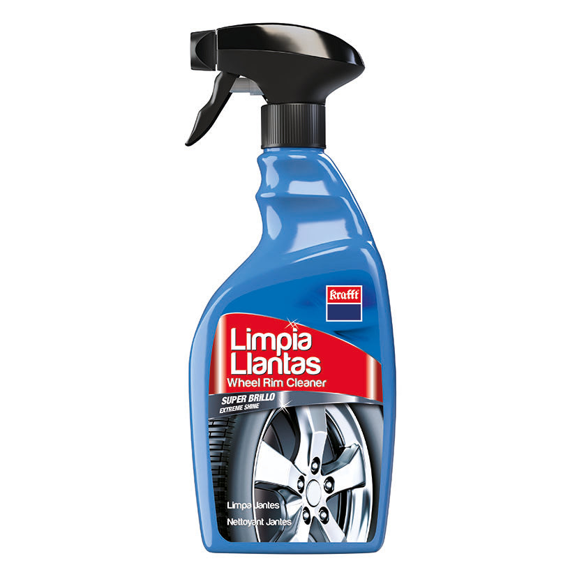 Bote de spray limpia llantas Krafft 500ml con pulverizador negro y etiqueta de brillo extremo