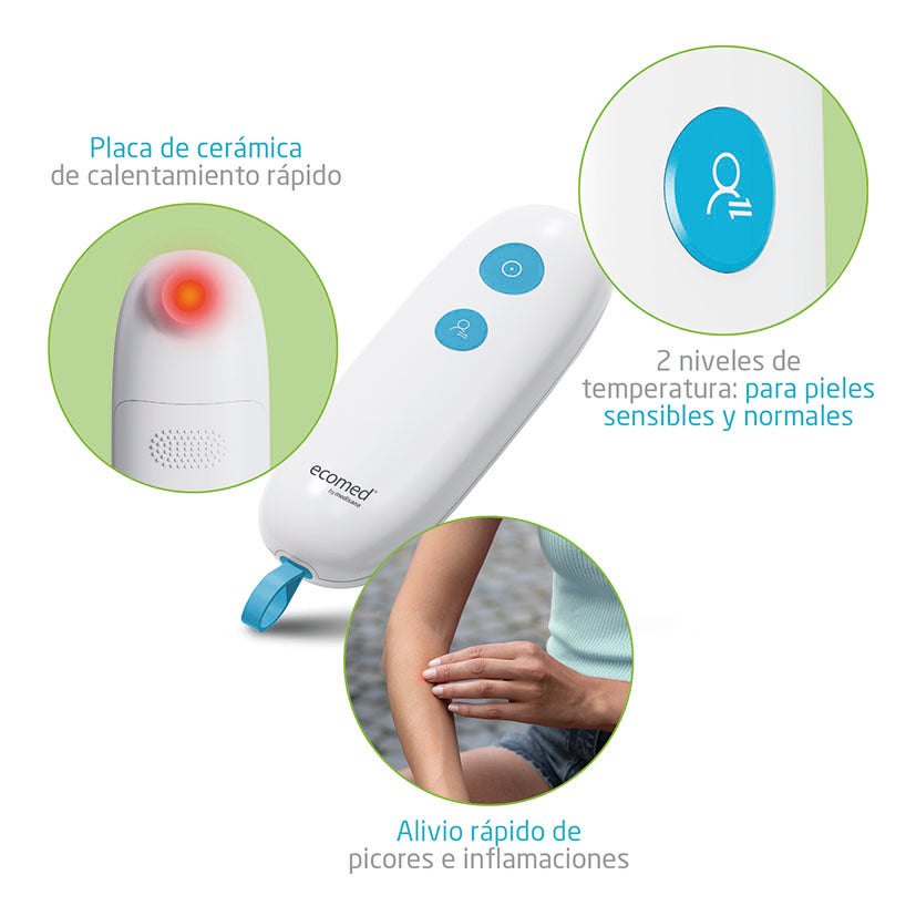 Detalle de placa cerámica y niveles de temperatura del aliviador de picaduras Ecomed