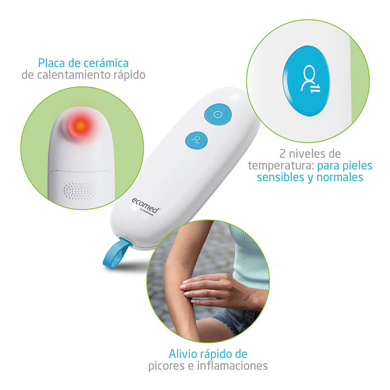 Detalle de placa cerámica y niveles de temperatura del aliviador de picaduras Ecomed