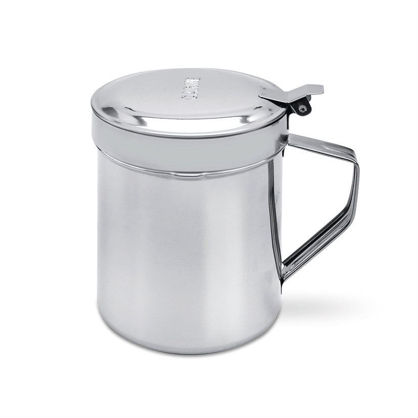 Grasera de acero inoxidable para aceite de carne con tapa grabada y asa ergonómica